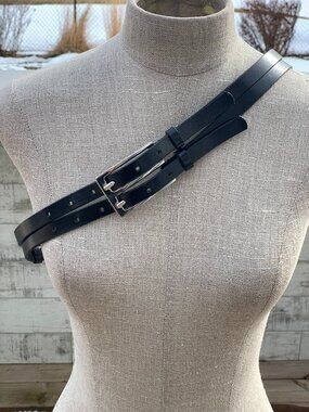 Vintage Nygard Double Strap Belt Black Leather Silver Buckle Classic Preppy 90s